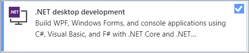Screenshot of the .NET Desktop Development workload from the Visual Studio Installer