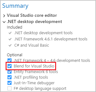 .NET componentes de carga de trabalho de desenvolvimento de desktop