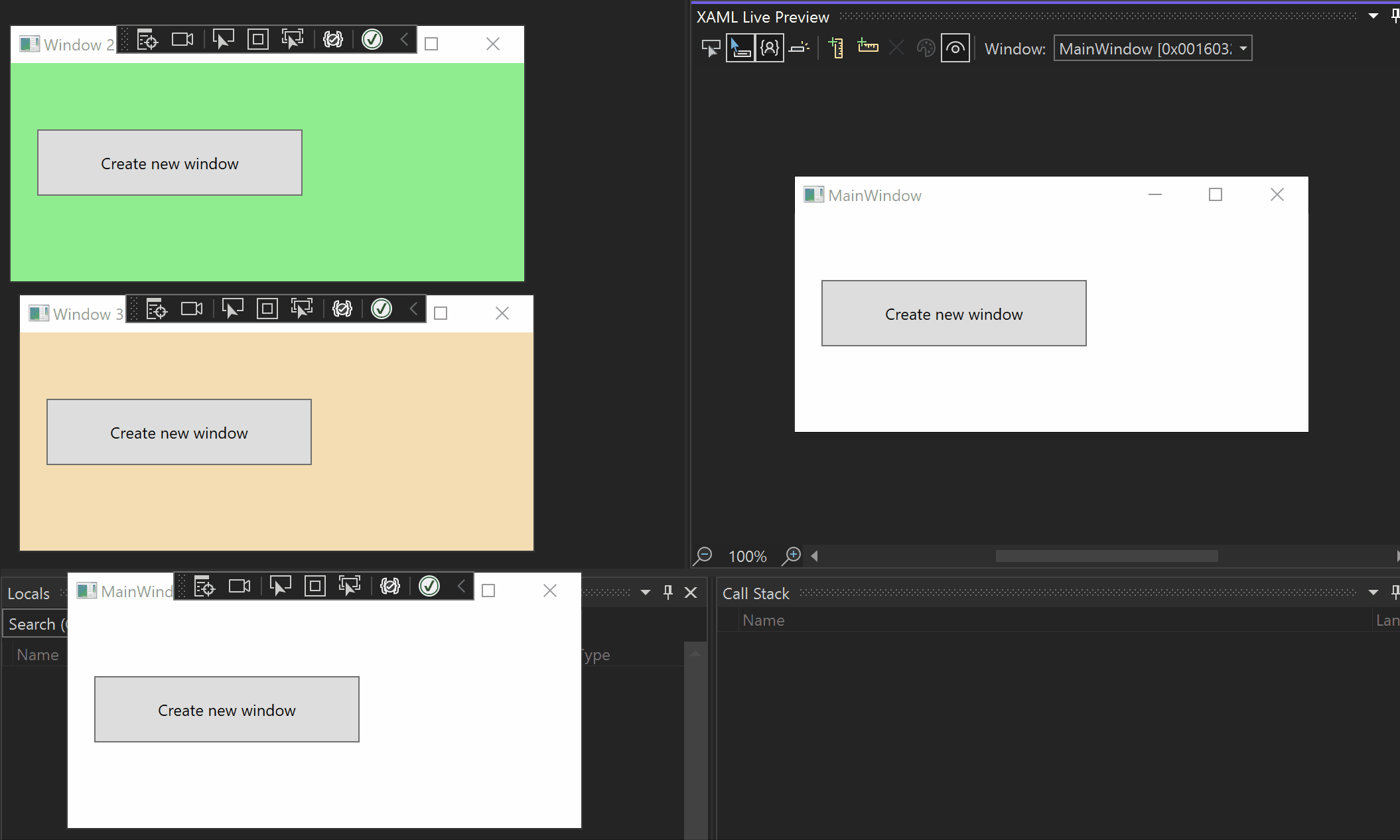 An animation of the multi-window application feature in XAML Live Preview.