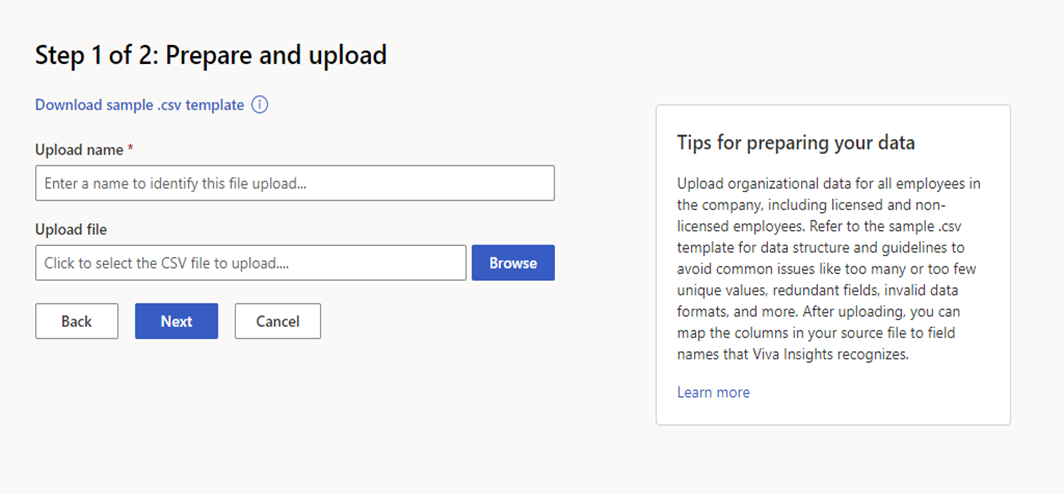 Screenshot that shows Prepare and upload data option.