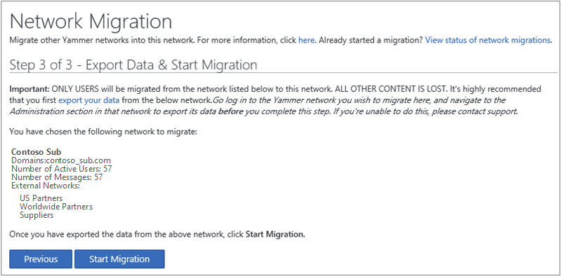 Screen shot of Step 3 of 3 - Export Data &amp; Start Migration.