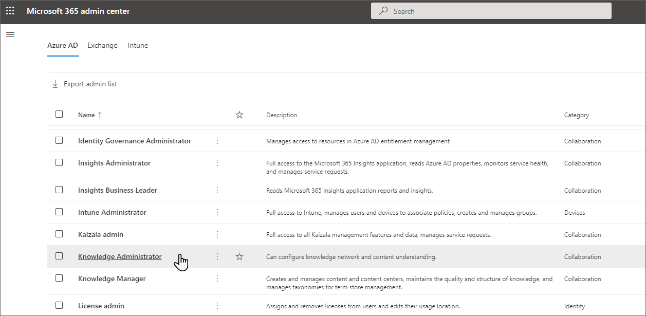Image of Knowledge Adminstrator selected on the Azure AD tab.