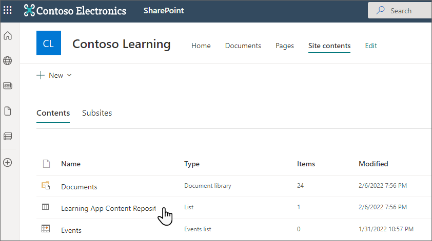 SharePoint list showing the Site contents navigation and the Learning App Content Repository section.