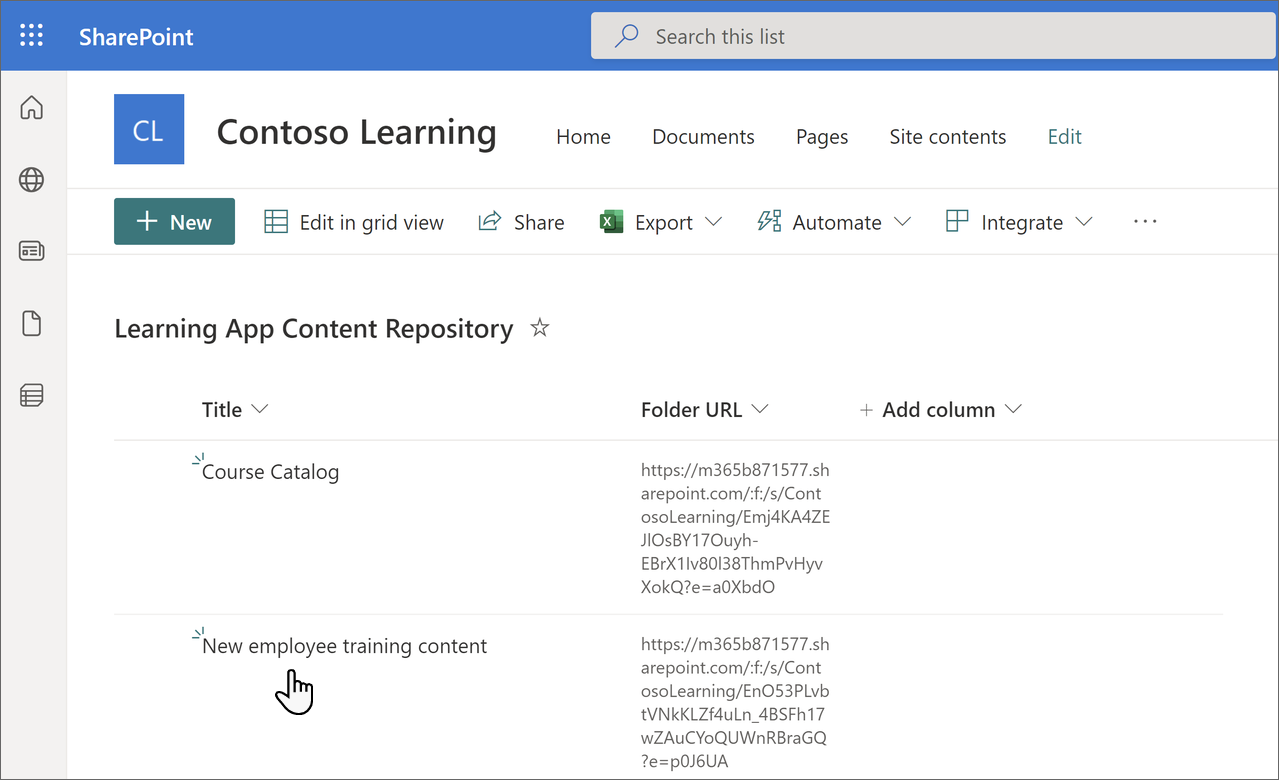 Learning Content Repository page in SharePoint showing the updated information.