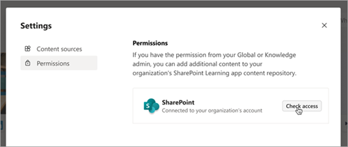 Settings option page in SharePoint showing the Permissions and Check access options.