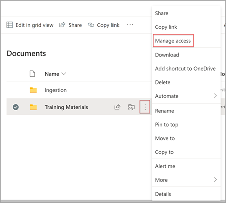 Document library page in SharePoint showing Show actions option with Manage access highlighted.