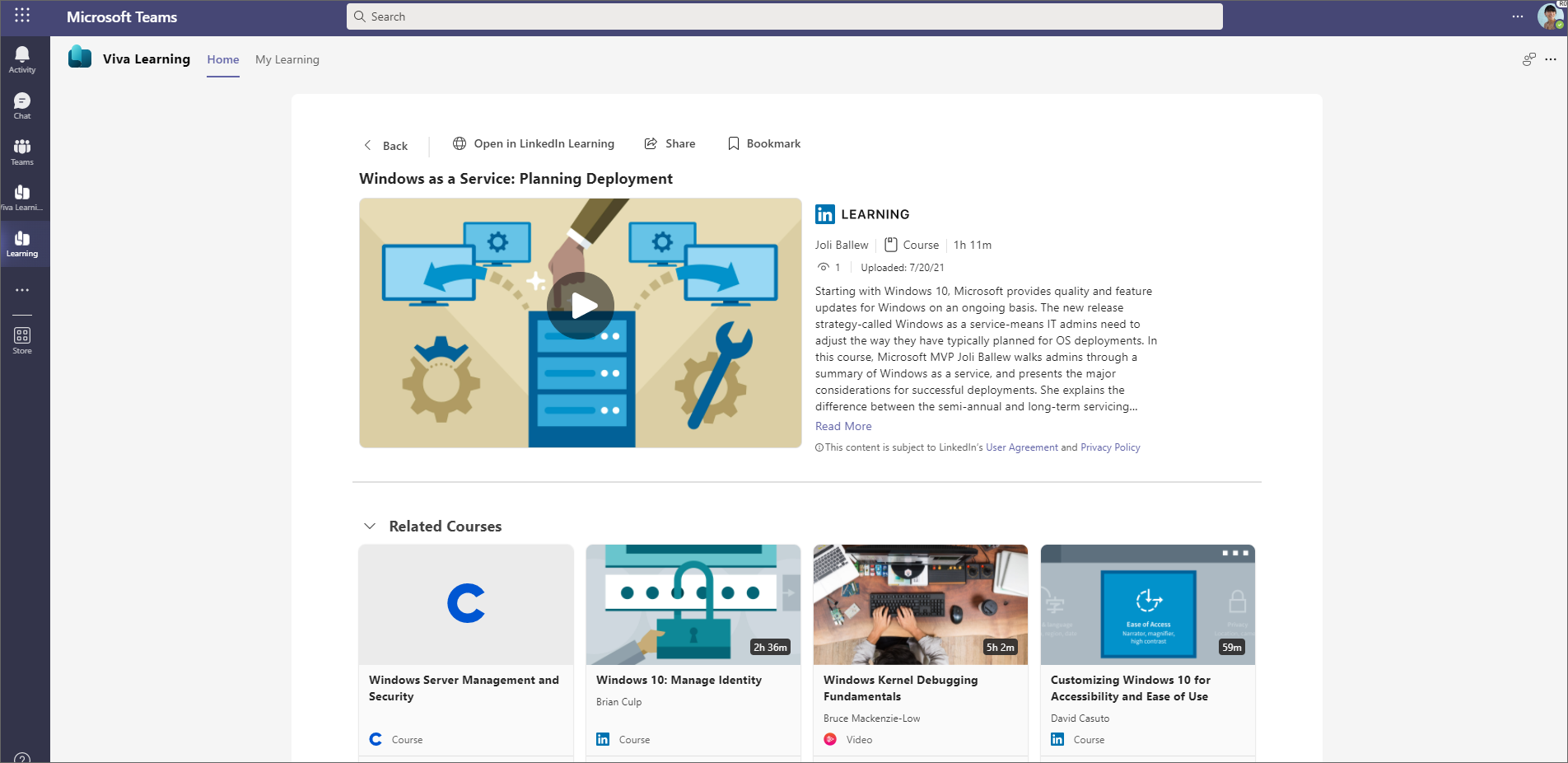 Screenshot of the Viva Learning homepage in Teams.