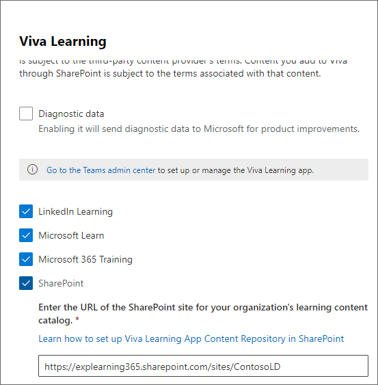 Learning panel in the Microsoft 365 admin center showing SharePoint selected.