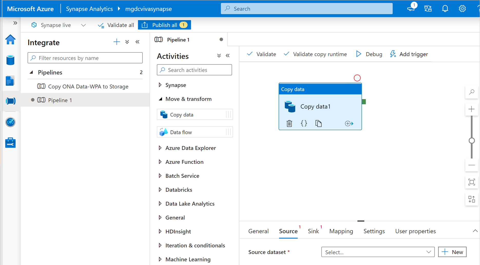 Screenshot that shows adding a new dataset.in Azure Synapse