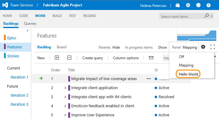 Open panel extension on the Azure DevOps Services Stories backlog page