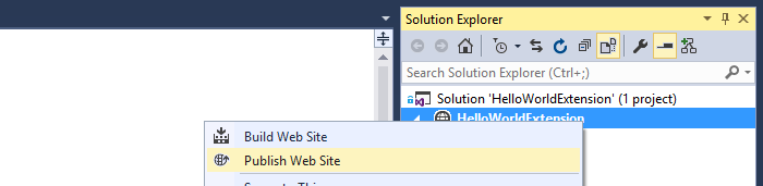 Solution explorer, project context menu, publish web site