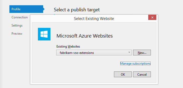 Select existing web site dialog box with the web site selected