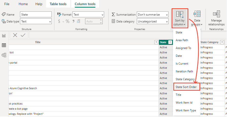 Screenshot of Power BI Column tools tab, Sort by column selection.