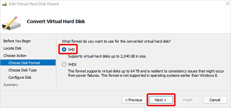 Screenshot of choose VHD disk format