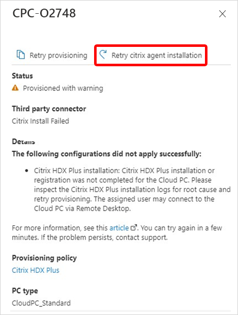 Screenshot of Retry Citrix agent installation