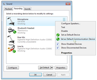 Screenshot of default audio endpoint selection in Control Panel Sound application.