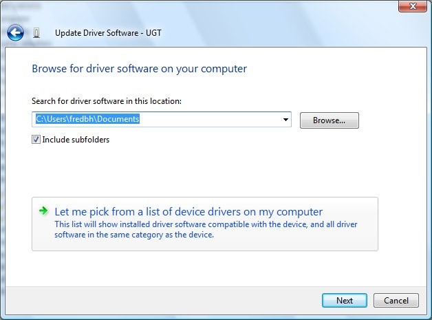 Screenshot that shows the "Update Driver Software - U G T" window.