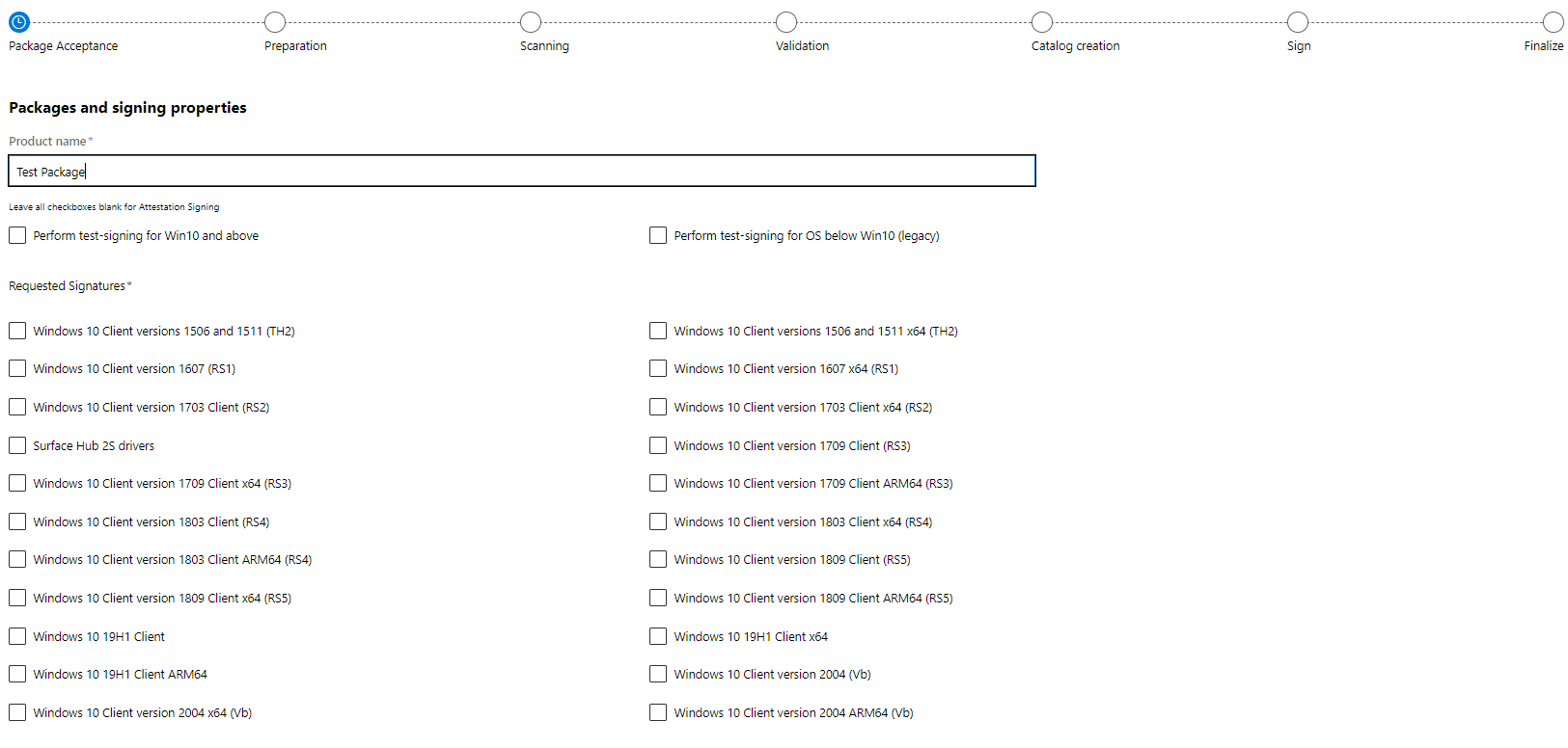 A screenshot showing the options for submitting the echo driver for signing.