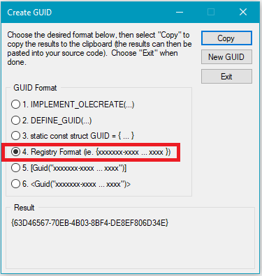 An image showing the create GUID screen in Visual Studio.