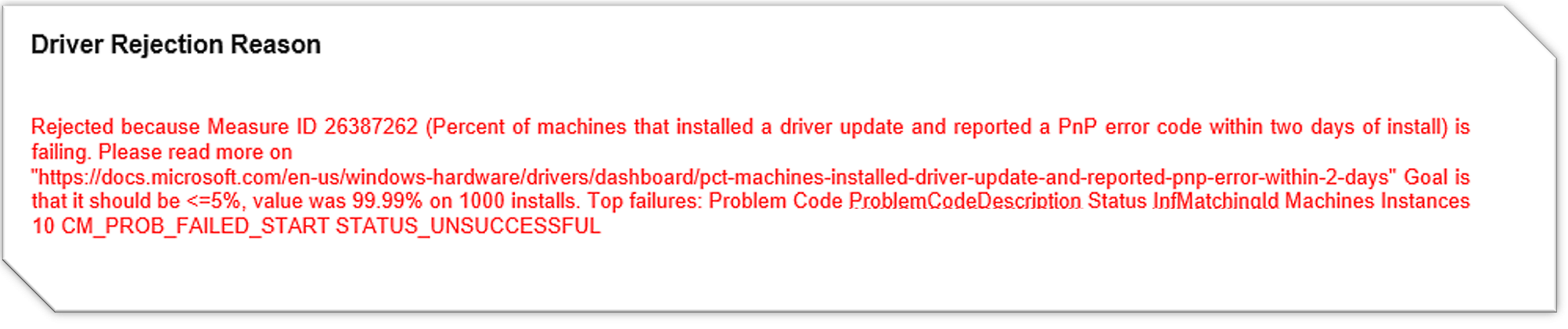 Screenshot of the Driver Rejection Reason section.