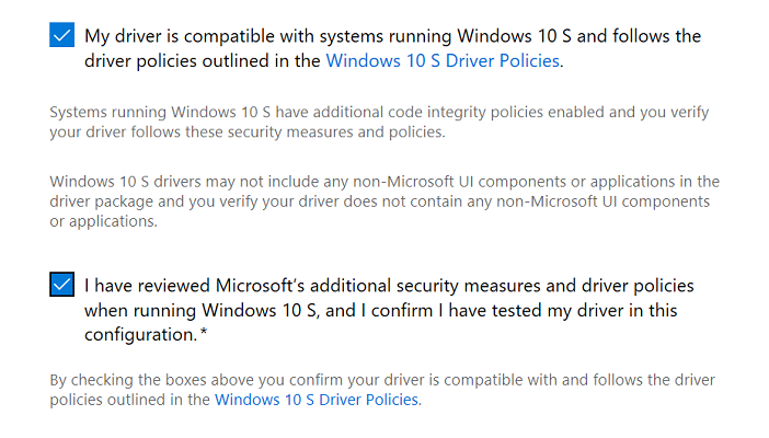 A screenshot of the two checkboxes you must select when submitting a driver for Windows 10 S.