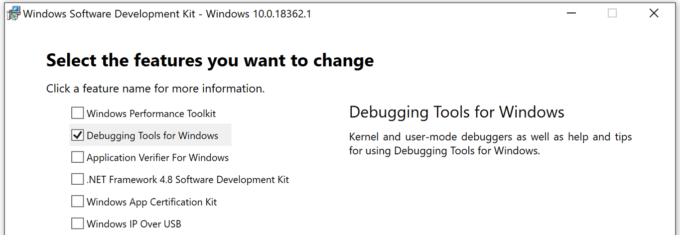 sdk download options showing just the debugger box checked