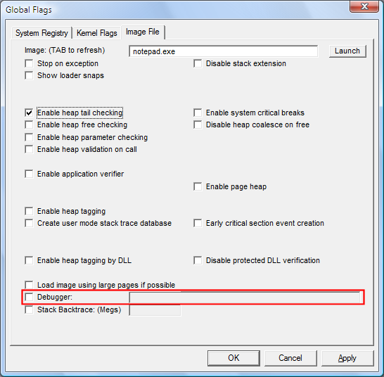Screenshot of the Debugger check box on the Image File tab in Windows Vista.
