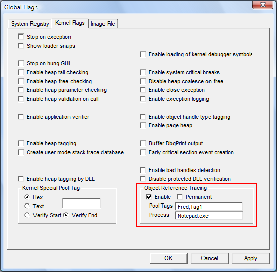 Screenshot of object reference tracing enabled on the Kernel Flags tab in Gflags dialog box.