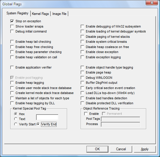 Screenshot of the System Registry tab in Windows Vista.