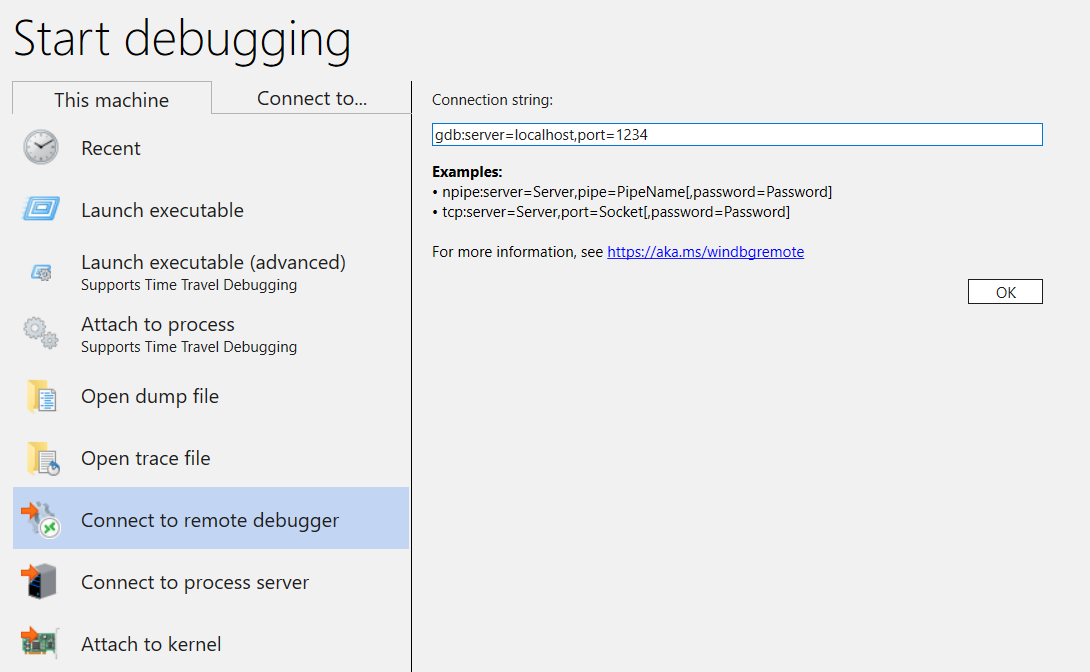 screen shot of WinDbg Start debugging screen showing connection string.