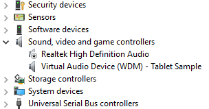 Screenshot of Device Manager tree with the Virtual Audio Device Tablet Sample highlighted.