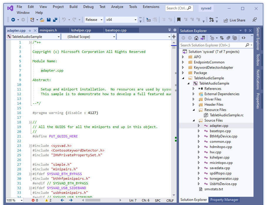 Screenshot of Visual Studio with the adapter.cpp file loaded from the Sysvad project.