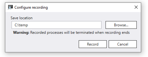 Screenshot of WinDbg displaying the Configure Recording dialog with the path set to temp.