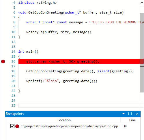 Screenshot of Source window in WinDbg with a breakpoint set on std::array.
