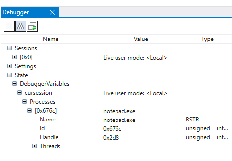 Screenshot of the Data model explorer window with debug object sessions in WinDbg.