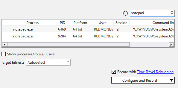 Screenshot of the process record menu in WinDbg with a Notepad process selected for recording.