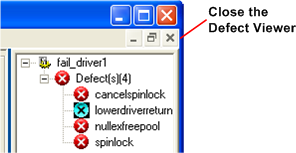 Screenshot demonstrating how to close the Defect Viewer for a rule in Static Driver Verifier.