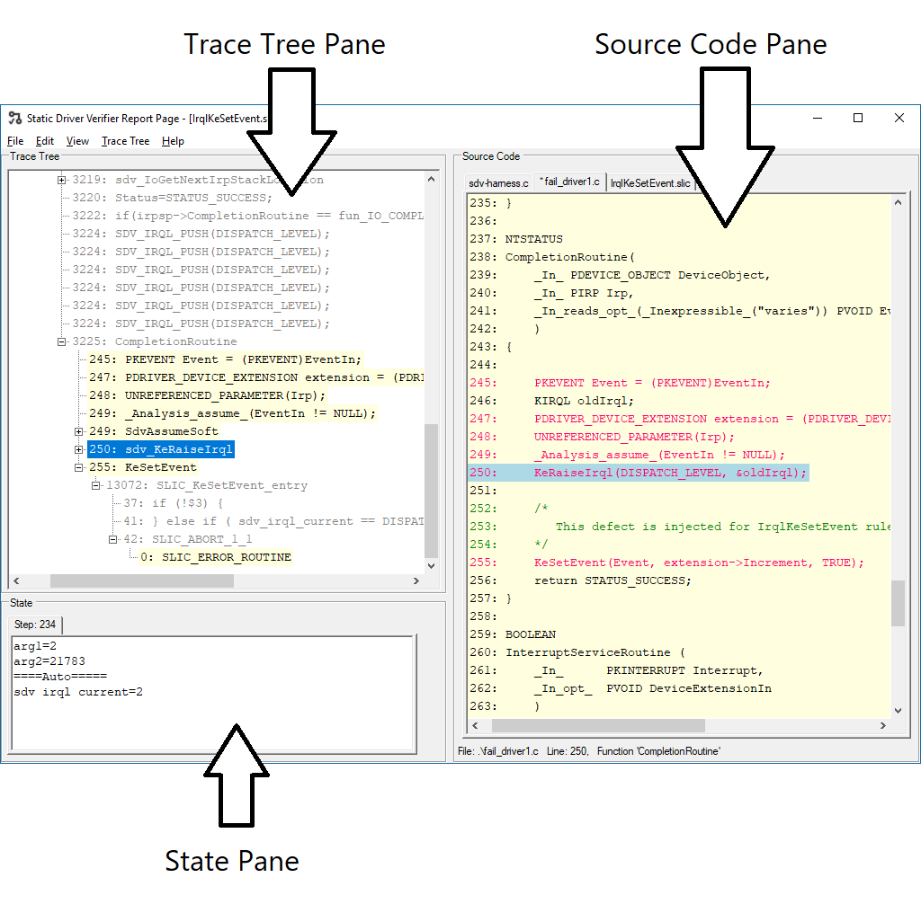 Screenshot of the Defect Viewer window displaying the Trace-Tree, Source-Code, and Results panes.