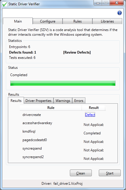 Screenshot of the Results summary in Visual Studio after running Static Driver Verifier.