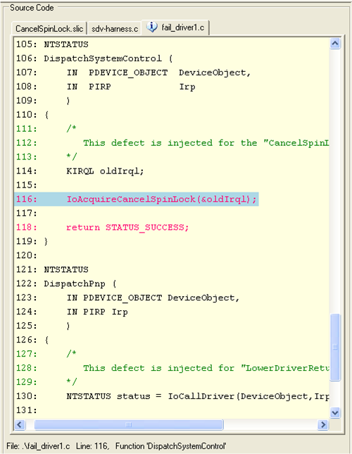 Screenshot of the Source Code pane in the Static Driver Verifier Defect Viewer.
