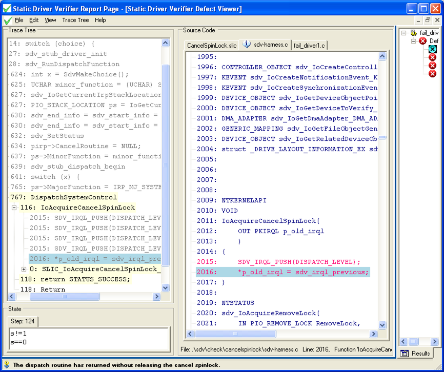 Screenshot of a Static Driver Verifier Report page with Trace Tree and Source Code panes.