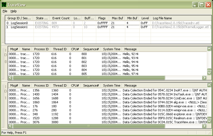 screen shot of a trace session list displaying a tracedrv and an nt kernel logger trace session log.