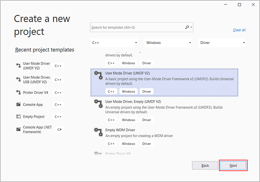 Screen shot of the new project dialog box, showing user mode driver selected.