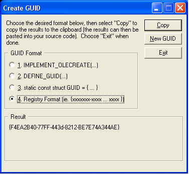 screen shot of the guidgen create guid dialog box.