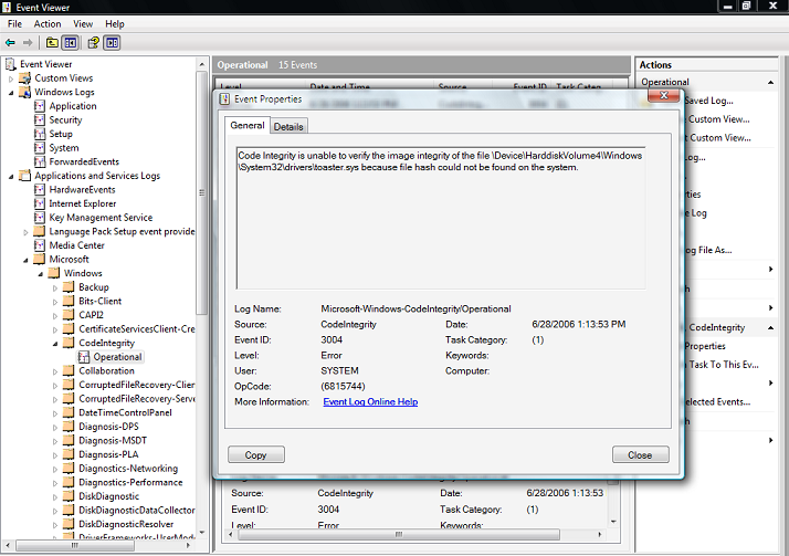 screen shot showing the event viewer.