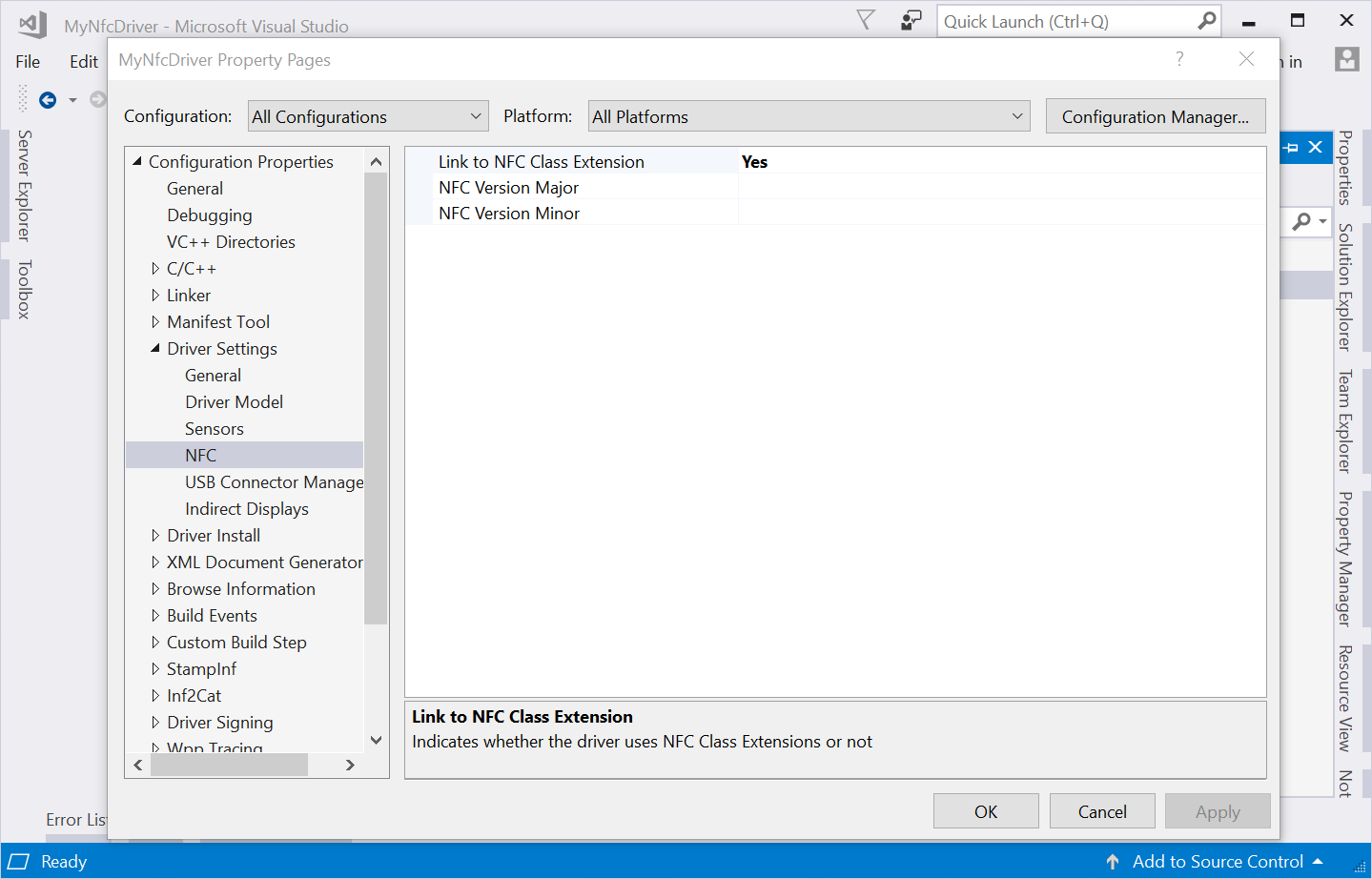 Visual Studio dialog: MyNfcDriver Property Pages, showing "Link to NFC Class Extension" set to "Yes."