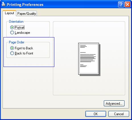 Screen shot of the Page Order area on the Printing Preferences dialog box