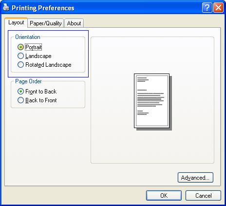 Screen shot of the Orientation area on the Printing Preferences dialog box