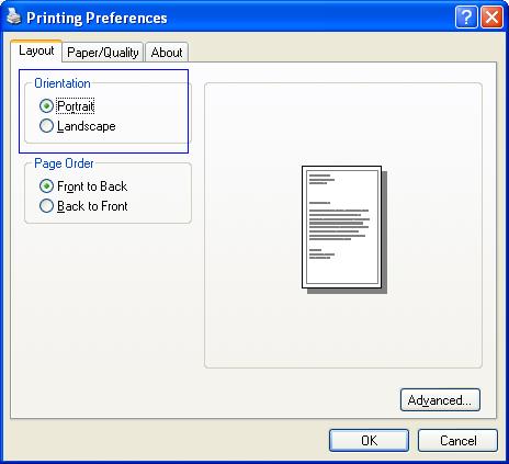 Screen shot of the Orientation area (without the Rotated Landscape option) on the Printing Preferences dialog box