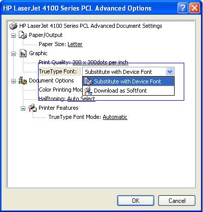 Screen shot of the Advanced Options dialog box with Substitute with Device font selected
